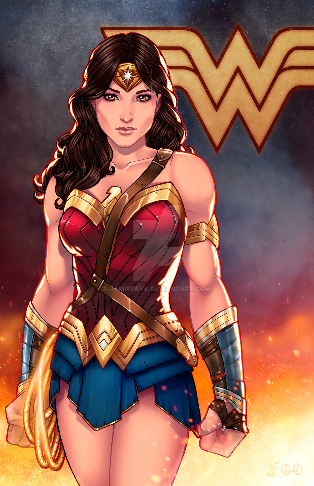 1girl, armor, brown_eyes, brown_hair, dawn_of_justice, dc_comics, dccu, emblem, forehead_protector, lasso, pteruges, solo, strapless, vambraces, wonder_woman, wonder_woman_(series)