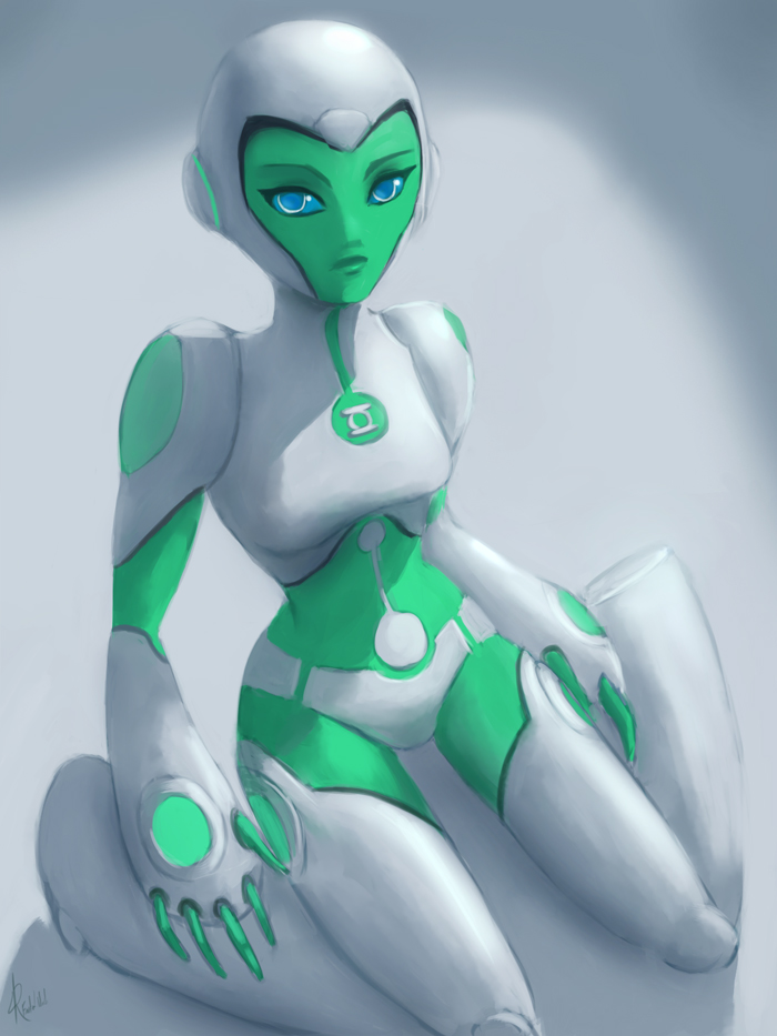 1girl, android, aya_(green_lantern), blue_eyes, dc_comics, green_lantern_(series), green_skin, kneeling