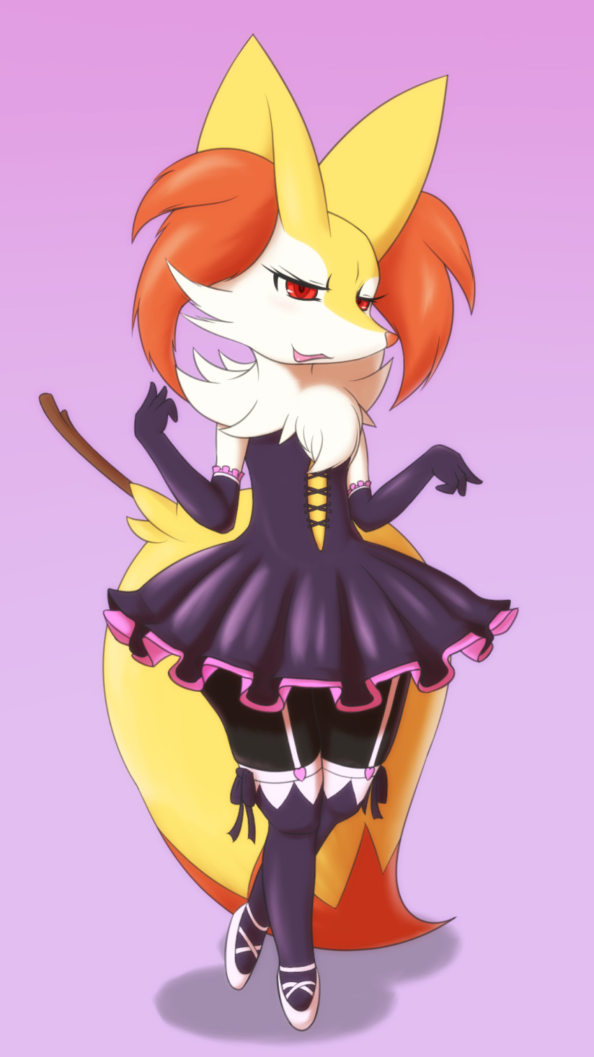 1girl, aoinu111, ballet_shoes, braixen, corset, dress, elbow_gloves, female