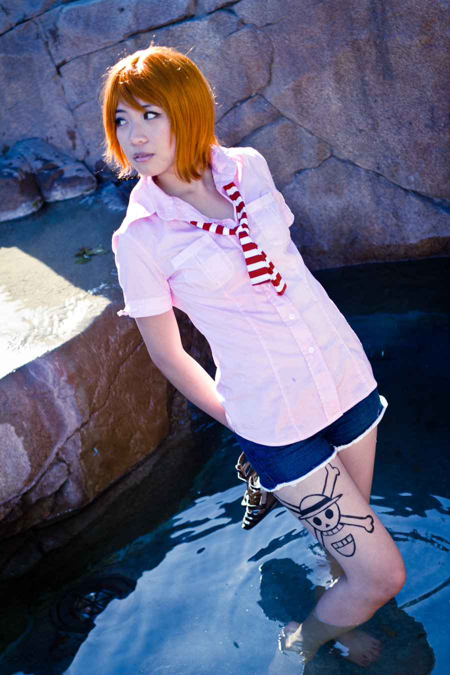1girl, arms_behind_back, bangs, collared_shirt, cosplay, female, holding, joluffirosauce