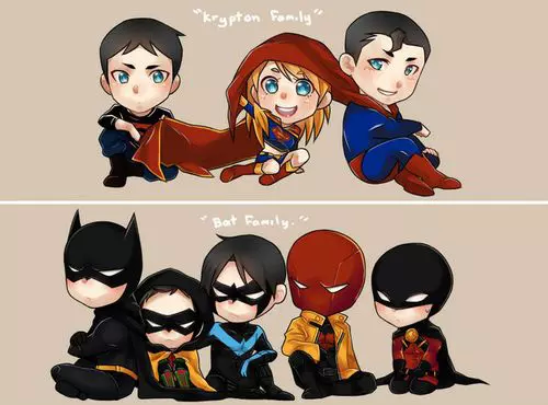1girl, 2boys, 5boys, batman, batman_(series), belt, black_cape, black_hair
