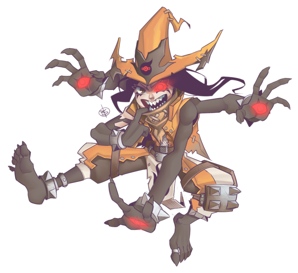 1girl, battleborn, black_hair, extra_arms, hat, long_hair, orendi_(battleborn), sharp_teeth, solo, teeth, witch_hat