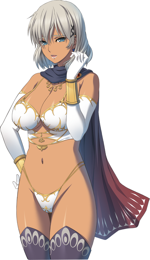 1girl, armor, bikini_armor, blue_eyes, breasts, cape, dark_skin, dungeon_of_regalias:_haitoku_no_miyako_ishgalia