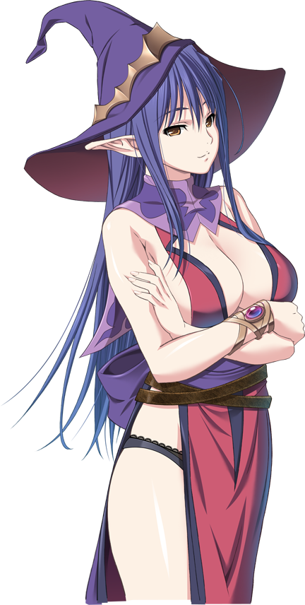 1girl, blue_hair, breasts, cleavage, crossed_arms, detached_collar, dungeon_of_regalias:_haitoku_no_miyako_ishgalia, elf, game_cg, hat, highres, large_breasts, legs, long_hair, looking_at_viewer, m&amp;m, original, panties, pointy_ears, simple_background, solo, standing, thighs, underwear, white_background, witch_hat, yellow_eyes