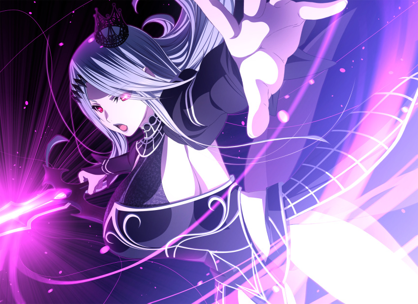 1girl, armor, breasts, crown, detached_collar, detached_sleeves, dungeon_of_regalias:_haitoku_no_miyako_ishgalia, eyebrows, eyebrows_visible_through_hair, fighting_stance, floating_hair, game_cg, hair_ornament, highres, holding, holding_sword, holding_weapon, huge_breasts, legs, long_hair, m&amp;m, magic, open_mouth, original, red_eyes, serious, simple_background, solo, standing, sword, thighs, weapon, white_hair