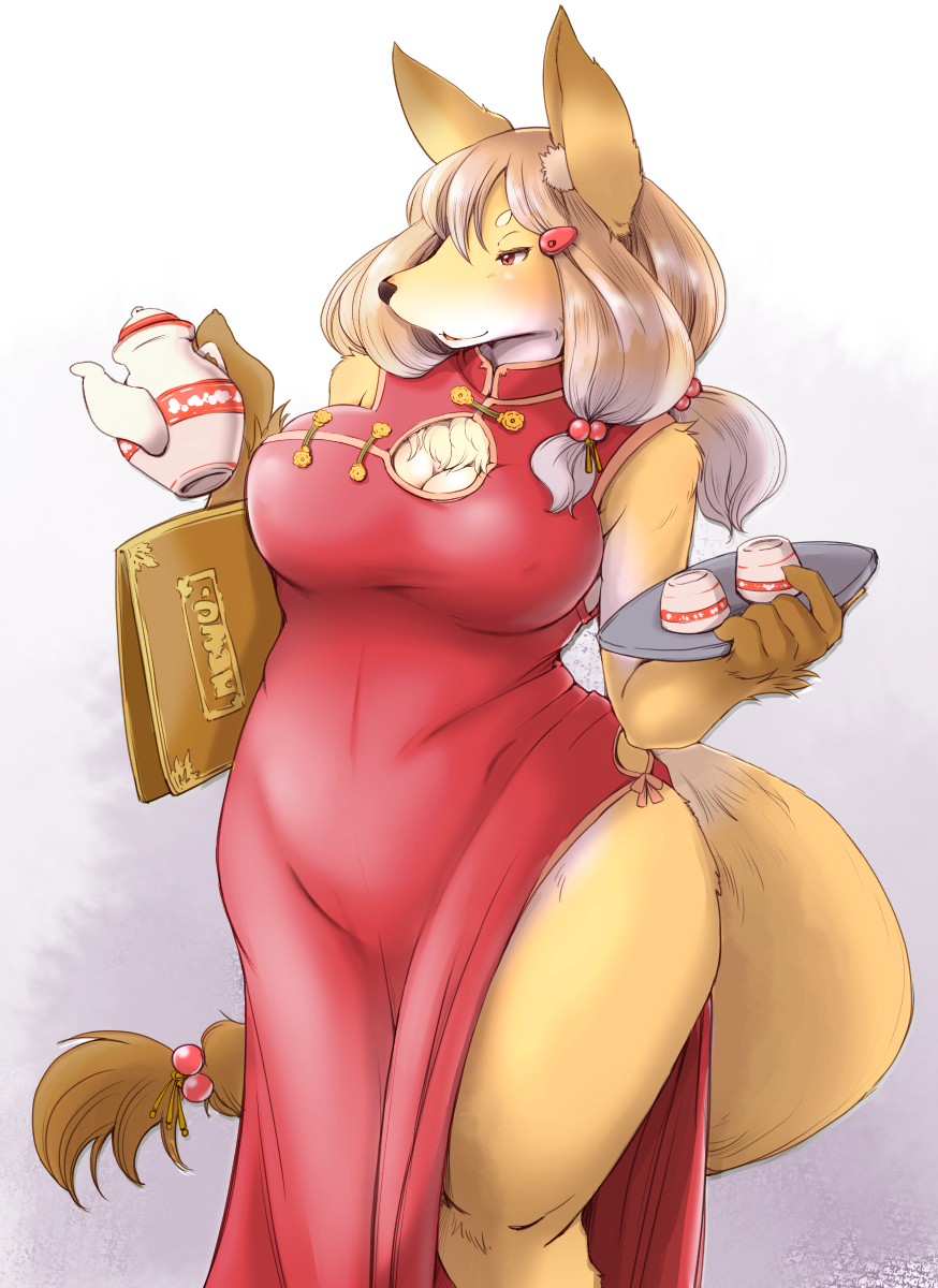 1girl, breasts, brown_hair, chinese_clothes, dress, female, fox, furry