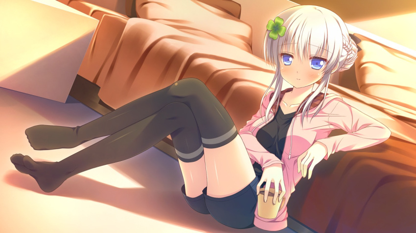 1girl, bed, black_legwear, black_thighhighs, blue_eyes, blush, clover_days, collarbone