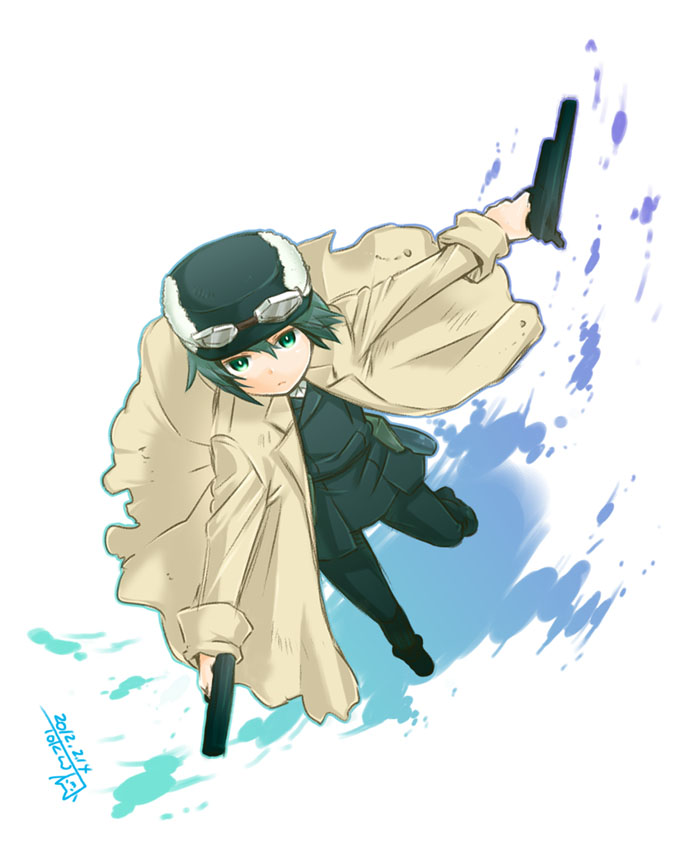 00s, 1girl, androgynous, artist_request, black_hair, brimmed_hat, dual_wield, fur