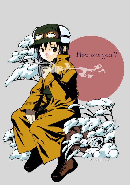 00s, 1girl, androgynous, artist_request, black_hair, branches, brimmed_hat, brown_eyes