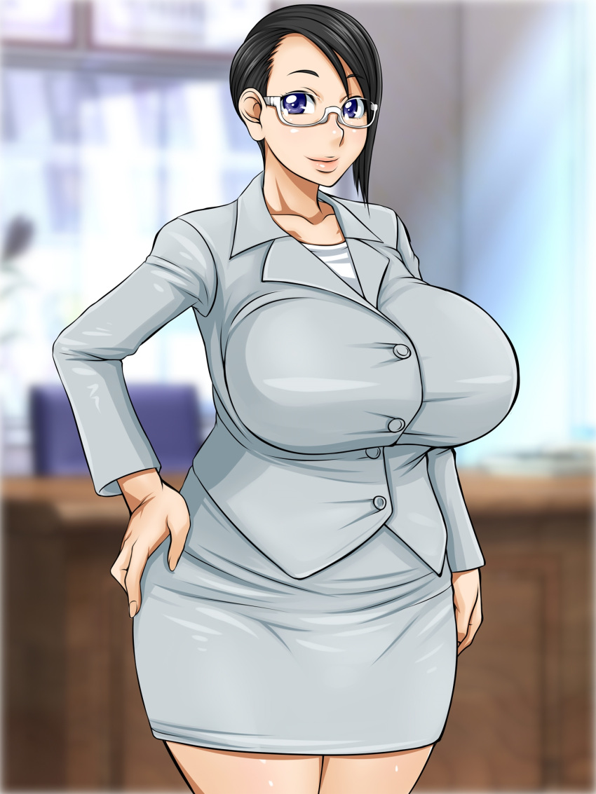 1girl, black_hair, blue_eyes, blush, breasts, business_suit, collarbone, glasses, hand_on_hip, highres, huge_breasts, impossible_clothes, indoors, legs, long_sleeves, looking_at_viewer, oreteki18kin, original, semi-rimless_glasses, short_hair, skirt, smile, solo, standing, suit, table, thighs, white-framed_glasses