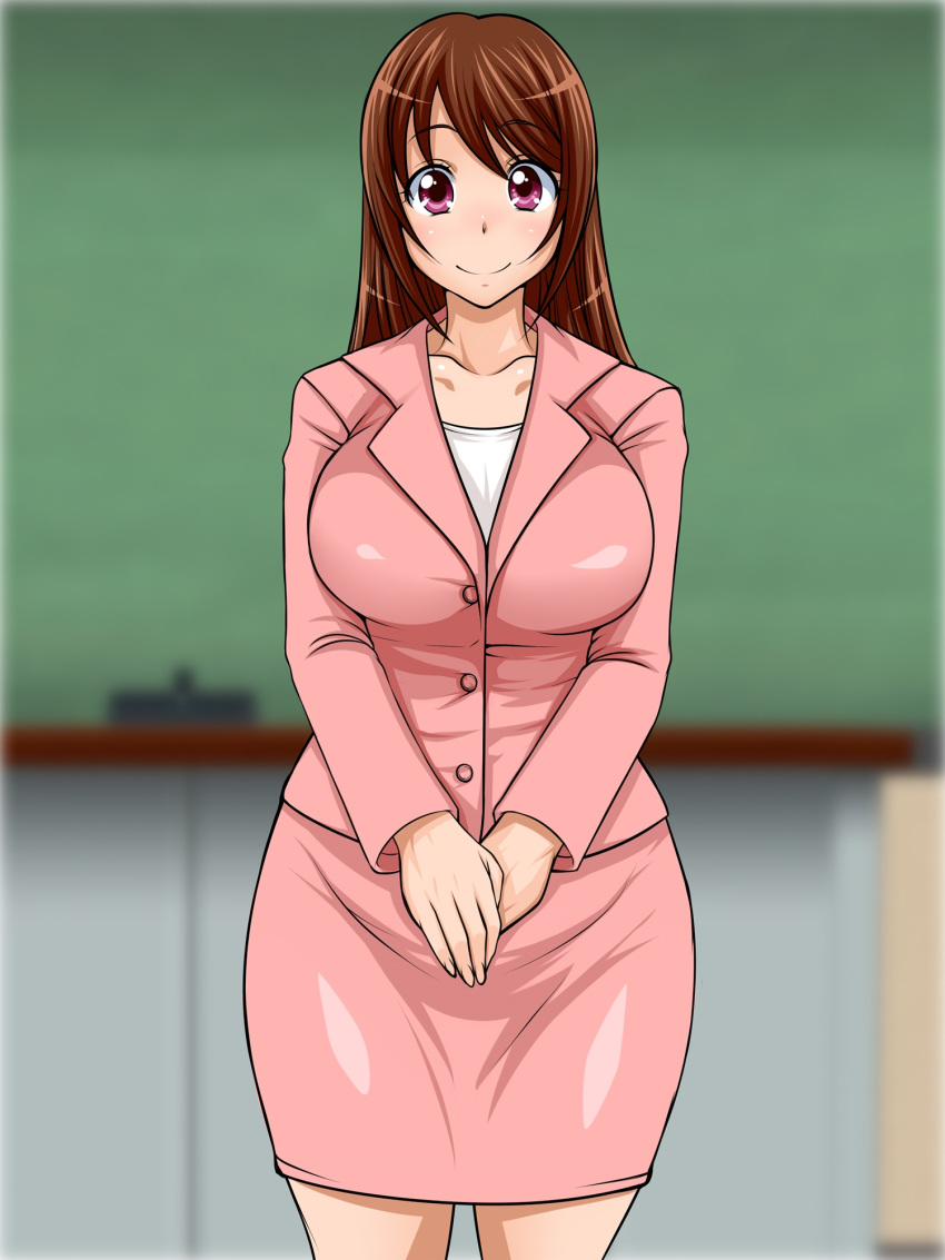 1girl, blush, breasts, brown_hair, business_suit, chalkboard, eyebrows, eyebrows_visible_through_hair, hands_together, happy, highres, huge_breasts, indoors, legs, long_hair, long_sleeves, looking_at_viewer, oreteki18kin, original, pink_eyes, pink_skirt, shiny, shiny_clothes, skirt, smile, solo, suit, thighs