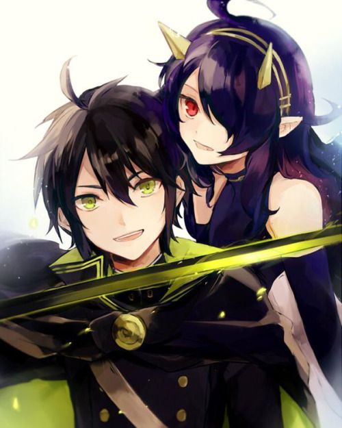 2boys, ahoge, androgynous, ashuramaru, asymmetrical_bangs, bare_shoulders, black_hair, demon