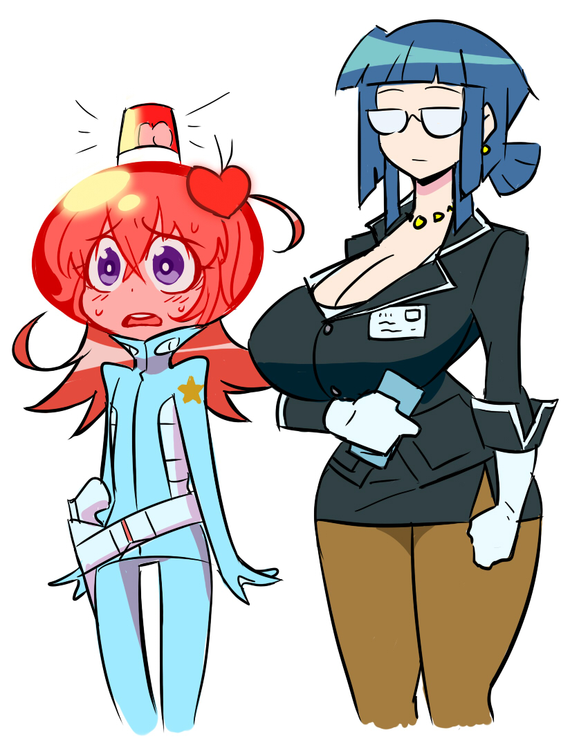 2girls, blue_hair, breasts, brown_hair, cleavage, glasses, helmet, looking_at_viewer