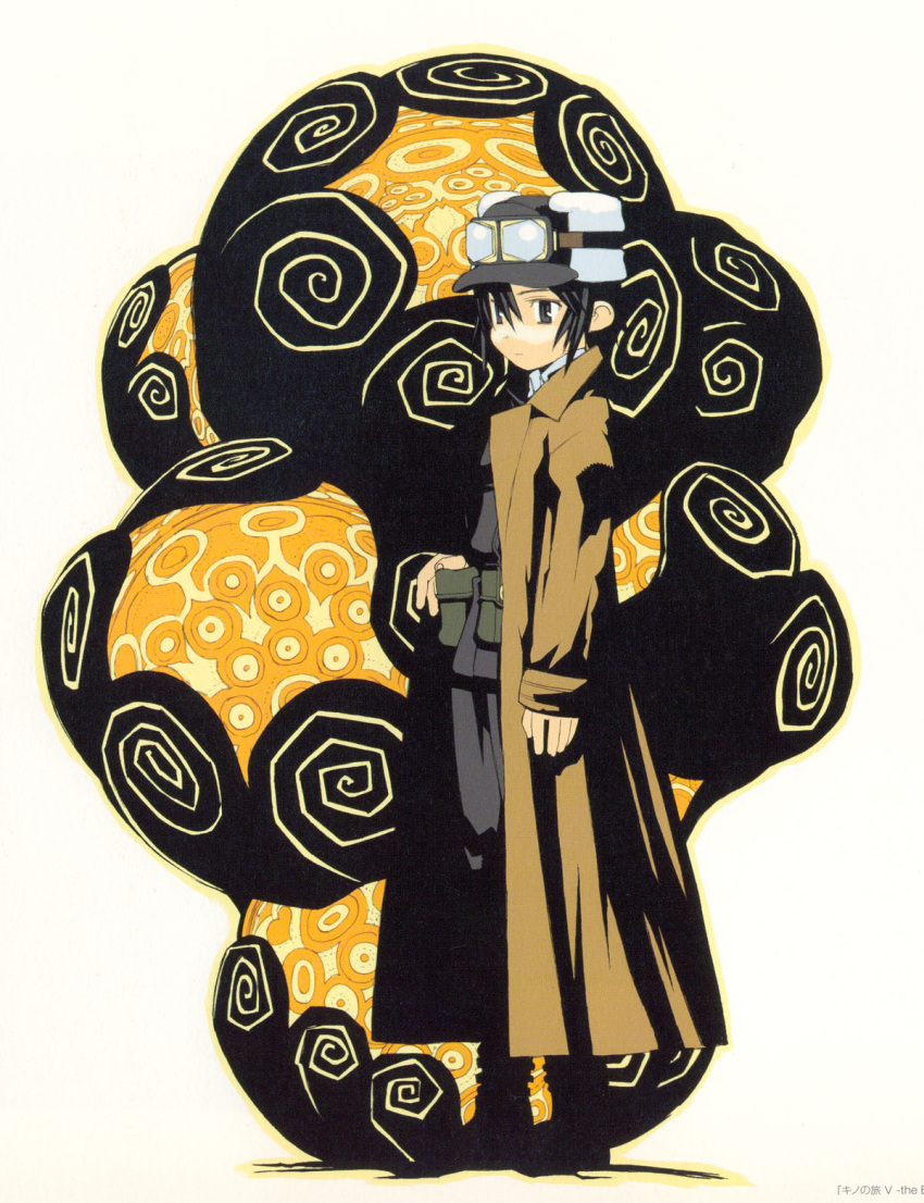 00s, 1girl, androgynous, black_eyes, black_hair, goggles, hat, kino, kino_no_tabi, kuroboshi_kouhaku, long_coat, official_art, pouch_bags, scan, short_hair, simple_background, solo, spirals, tagme, white_background