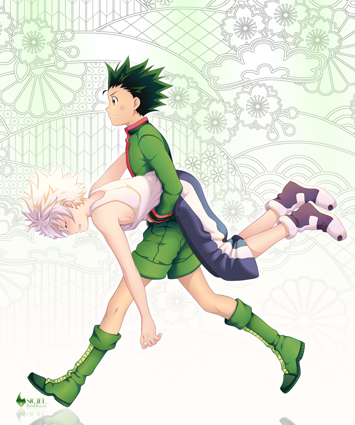 2boys, child, gon_freecss, green_hair, hunter_x_hunter, killua_zoldyck, male_focus, multiple_boys