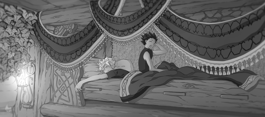2boys, child, gon_freecss, hunter_x_hunter, indoors, killua_zoldyck, male_focus, monochrome