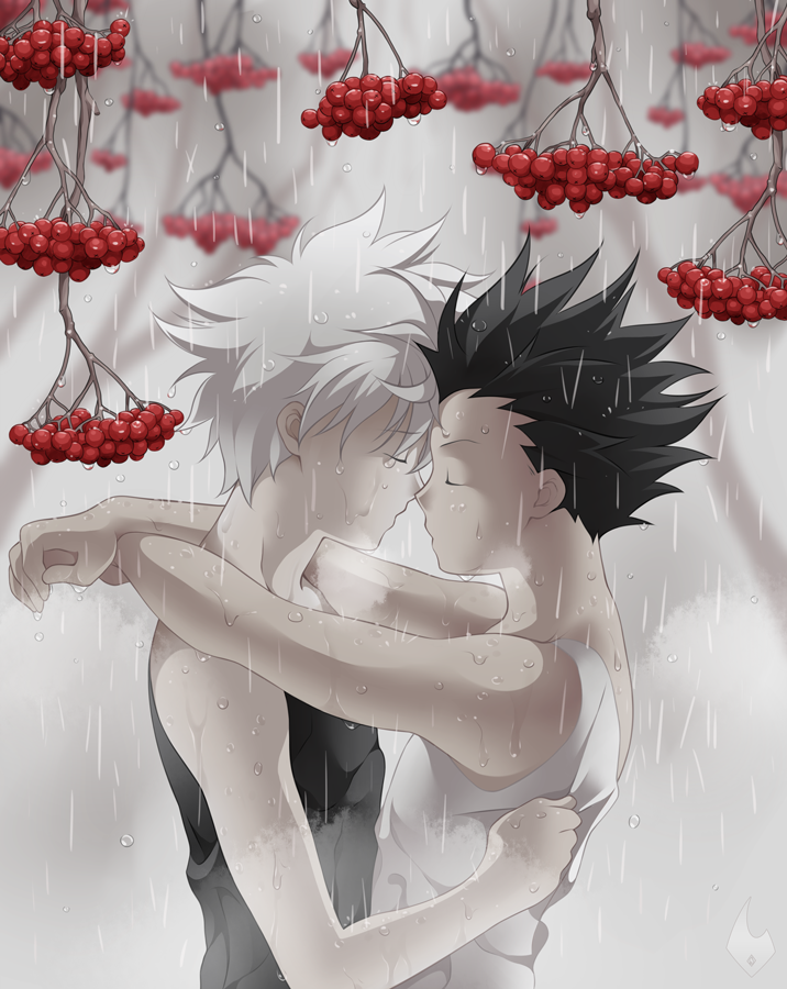 2boys, berry, black_hair, child, closed_eyes, gon_freecss, hug, hunter_x_hunter, killua_zoldyck, male_focus, multiple_boys, rowan, shailo, shirt, short_hair, sleeveless, sleeveless_shirt, standing, wet, white_hair, yaoi