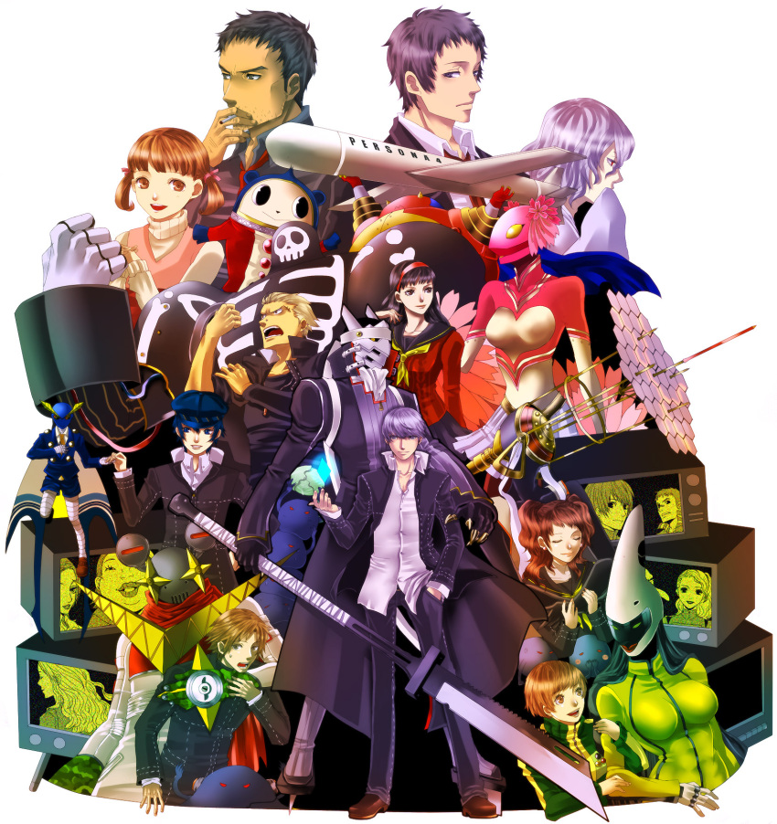 adachi_tohru, amagi_yukiko, androgynous, bear, black_eyes, black_hair, blue_eyes, blue_hair