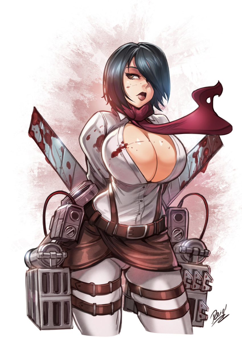 1girl, black_hair, breasts, brown_eyes, bursting_breasts, cleavage, curvy, hair_over_one_eye
