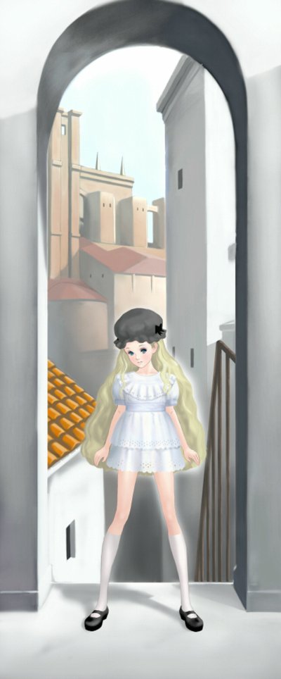 1girl, blonde_hair, dress, flat_chest, france, long_hair, standing, takatou_sora