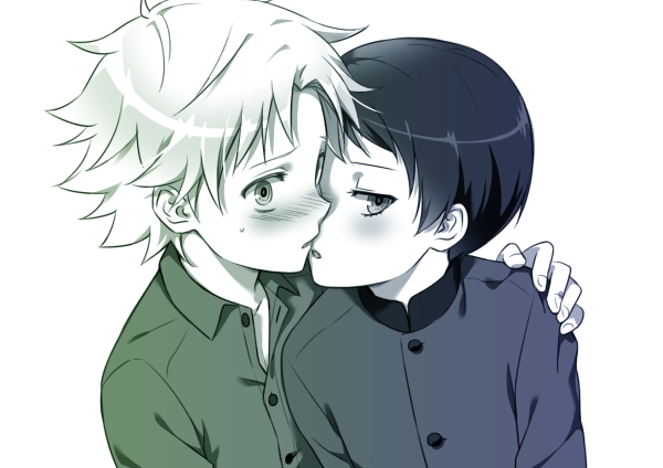 2boys, child, craig_tucker, incipient_kiss, male_focus, monochrome, multiple_boys, simple_background