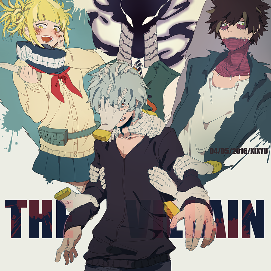 1girl, 3boys, bangs, blonde_hair, blush, boku_no_hero_academia, cardigan, dabi_(boku_no_hero_academia)