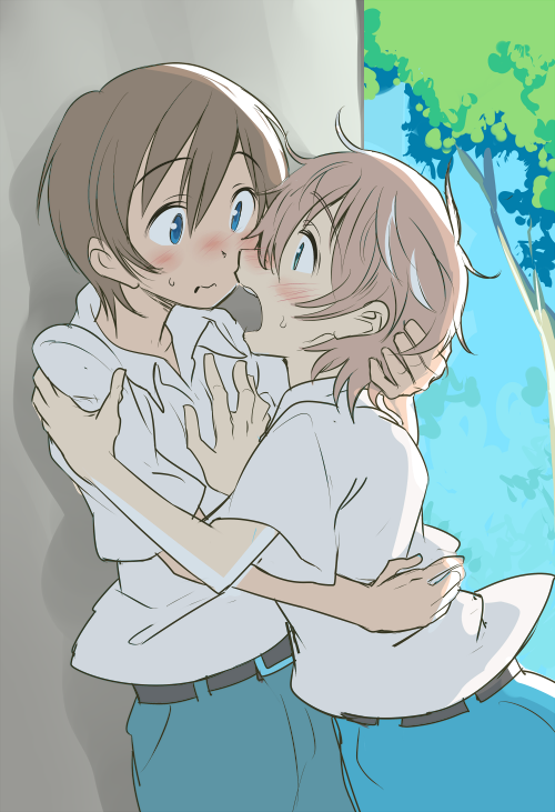 2boys, blush, child, hug, male_focus, multiple_boys, nanamatsu_kenji, sweat