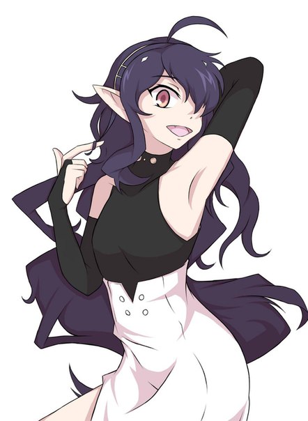 1boy, ahoge, androgynous, ashuramaru, asymmetrical_bangs, bare_shoulders, demon, dress