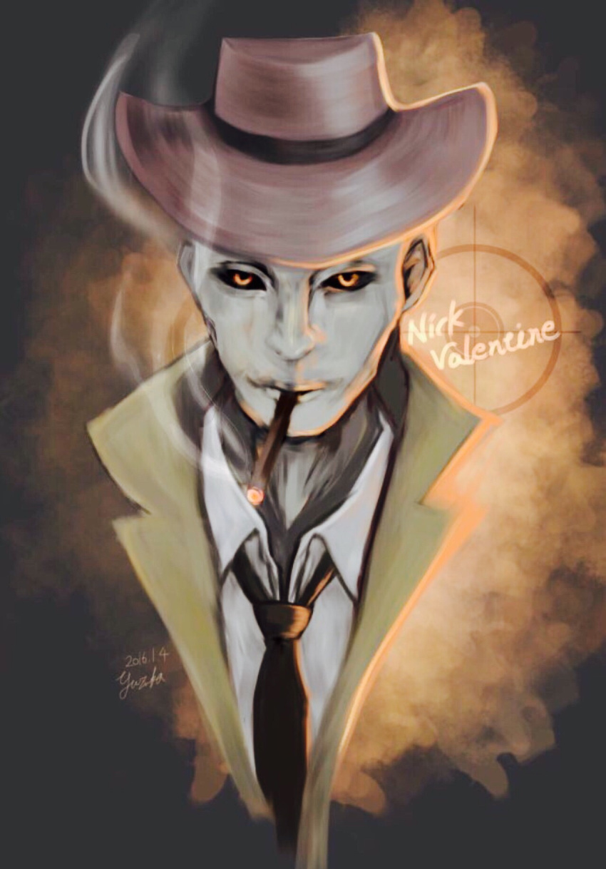 1girl, android, fallout, fallout_4, hat, nick_valentine, smoking, yellow_eyes