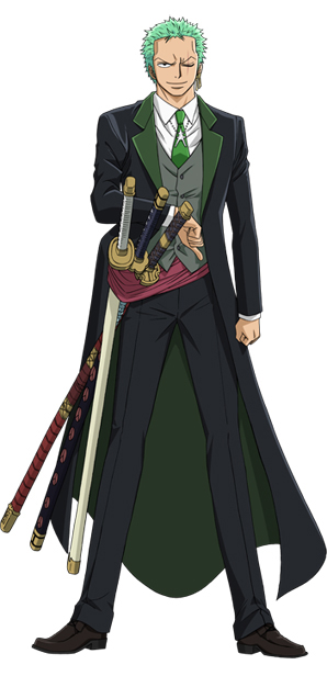 1boy, formal, full_body, green_hair, male_focus, multiple_swords, necktie, one-eyed
