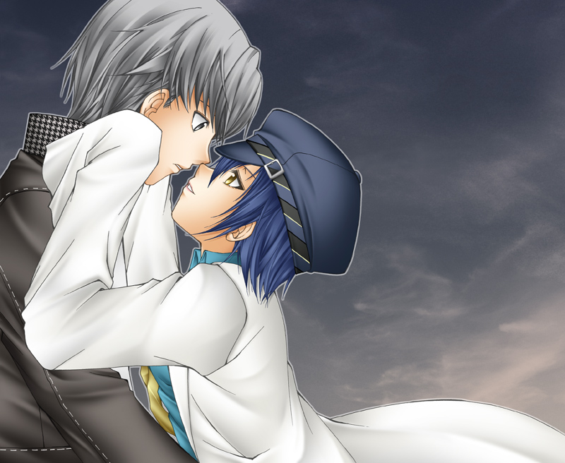 blue_hair, blush, cabbie_hat, chibiken, couple, grey_eyes, hat, jacket, labcoat, narukami_yuu, necktie, persona, persona_4, reverse_trap, seta_souji, shirogane_naoto, short_hair, silver_eyes, silver_hair, yellow_eyes