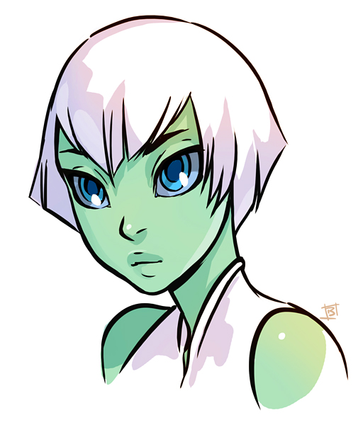 1girl, aya_(green_lantern), blue_eyes, bob_cut, dc_comics, face, female, green_lantern_(series)