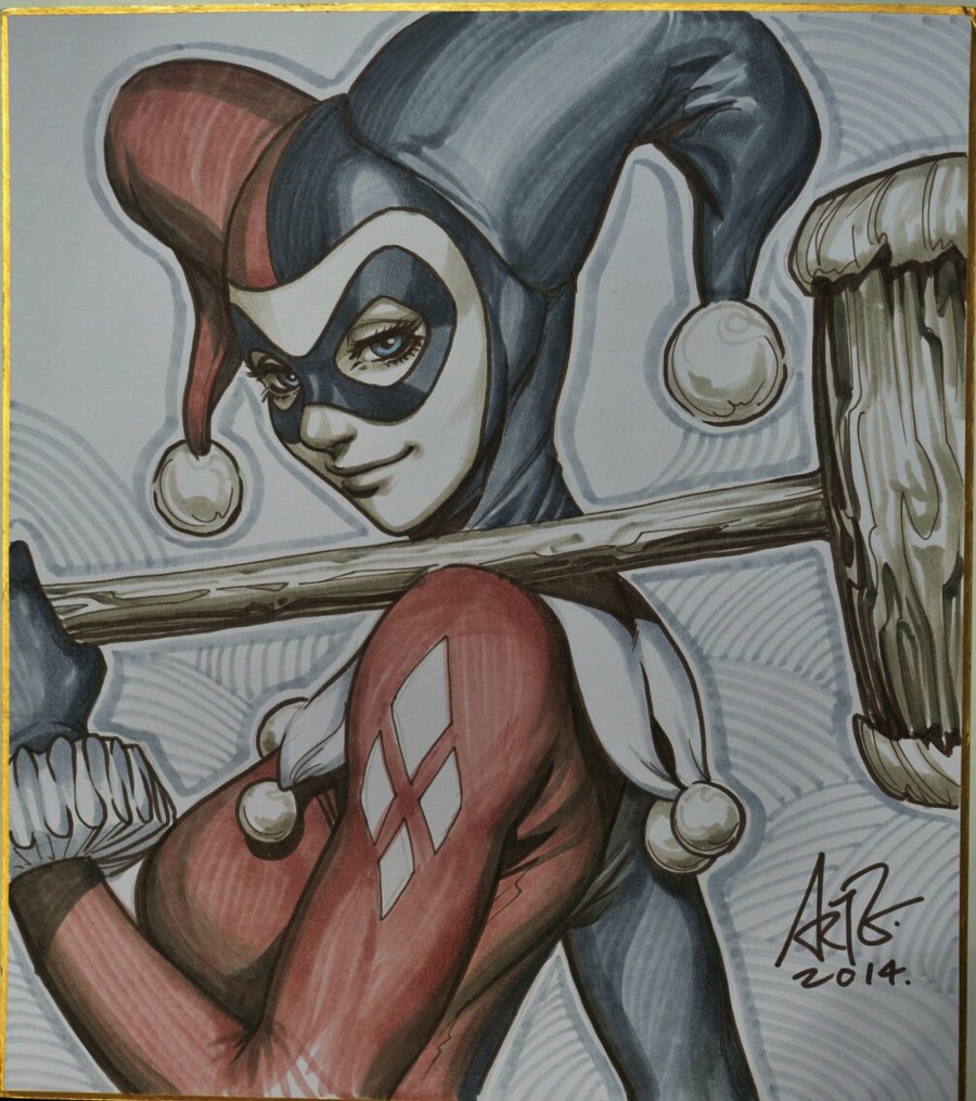 1girl, batman_(series), blue_eyes, bodysuit, dc_comics, domino_mask, gloves, harley_quinn, hat, jester_cap, mallet, marker_(medium), solo, stanley_lau, traditional_art, traditional_media