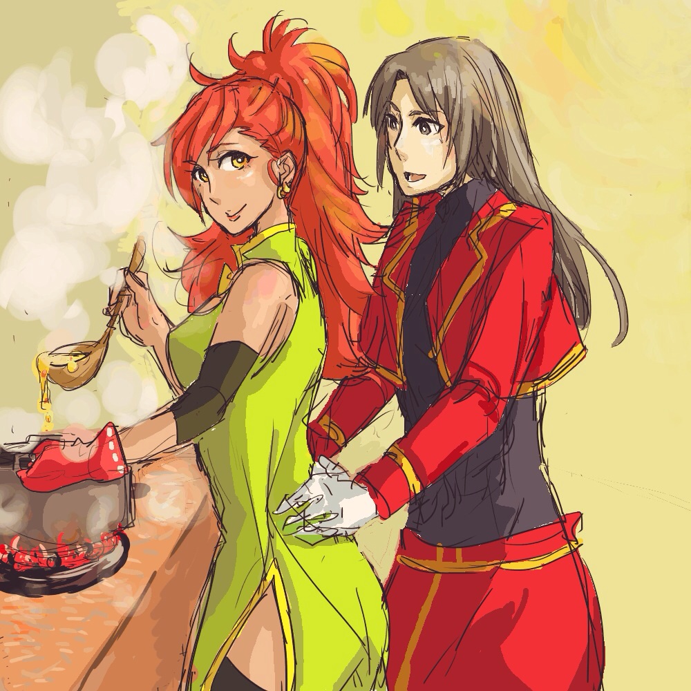 1girl, bare_shoulders, black_eyes, black_hair, breasts, cooking, dress, earrings