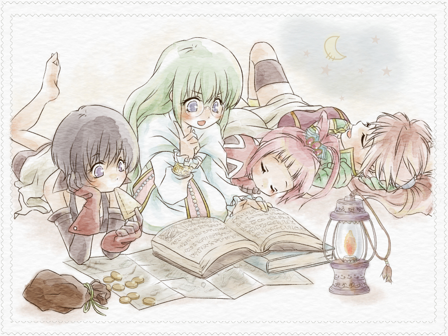 4girls, bare_shoulders, barefoot, black_hair, book, bracelet, breasts, brown_hair