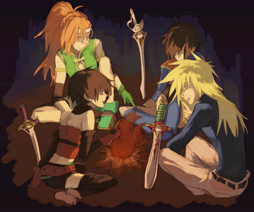 2boys, 2girls, bare_shoulders, belt, black_hair, blonde_hair, boots, breasts