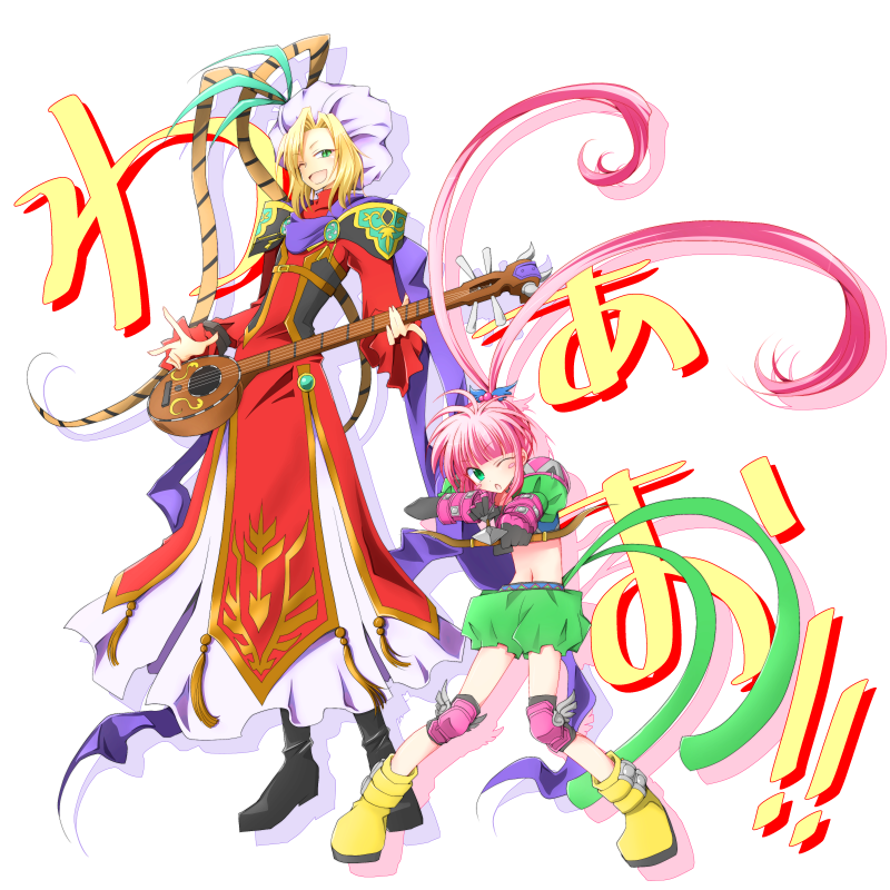 1boy, 1girl, aqua_eyes, armor, blonde_hair, blush, boots, bow_(weapon), chelsea_torn, elbow_gloves, gloves, hat, instrument, johnny_shiden, knee_pads, long_hair, midriff, navel, one_eye_closed, open_mouth, pink_hair, scarf, short_hair, tales_of_(series), tales_of_destiny, twintails, weapon, wink