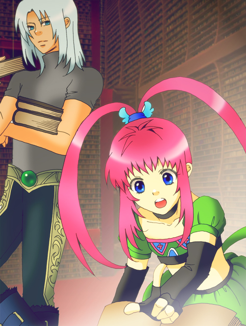 1boy, 1girl, blue_eyes, blue_hair, book, boots, chelsea_torn, choker