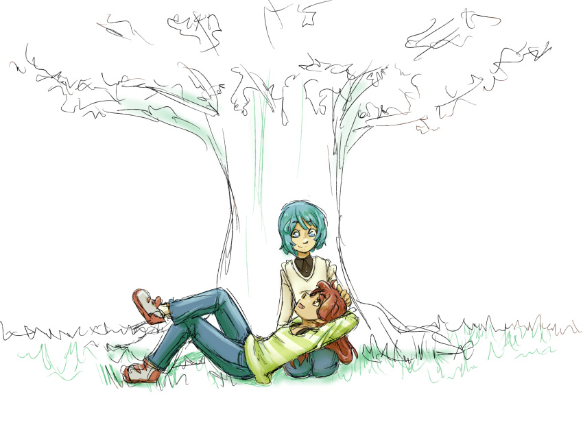 2girls, blue_eyes, blue_hair, casual, female, mahou_shoujo_madoka_magica, miki_sayaka, multiple_girls