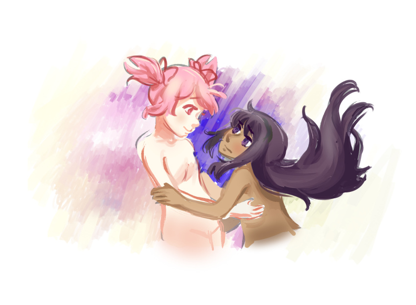 akemi_homura, black_hair, kaname_madoka, mahou_shoujo_madoka_magica, nude, pink_hair, red_eyes, space