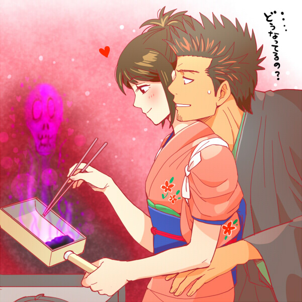 1boy, 1girl, 3mm, blush, brown_hair, couple, gintama, heart