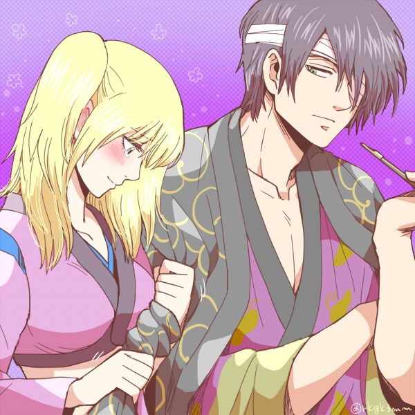 1boy, 1girl, 3mm, bandage_over_one_eye, black_hair, blonde_hair, blush, gintama