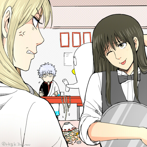 1girl, 2boys, 3mm, angry, black_hair, blonde_hair, elizabeth_(gintama), gintama