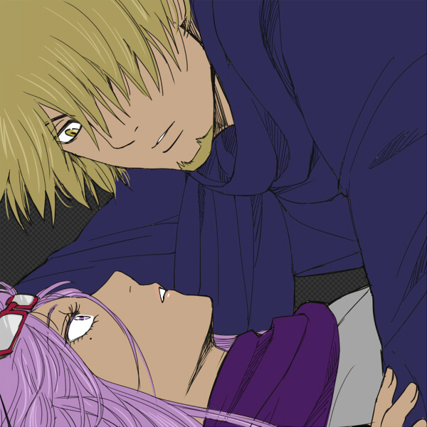1boy, 1girl, 3mm, couple, gintama, glasses, hattori_zenzou, long_hair, mole, mole_under_eye, purple_hair, sarutobi_ayame, violet_eyes