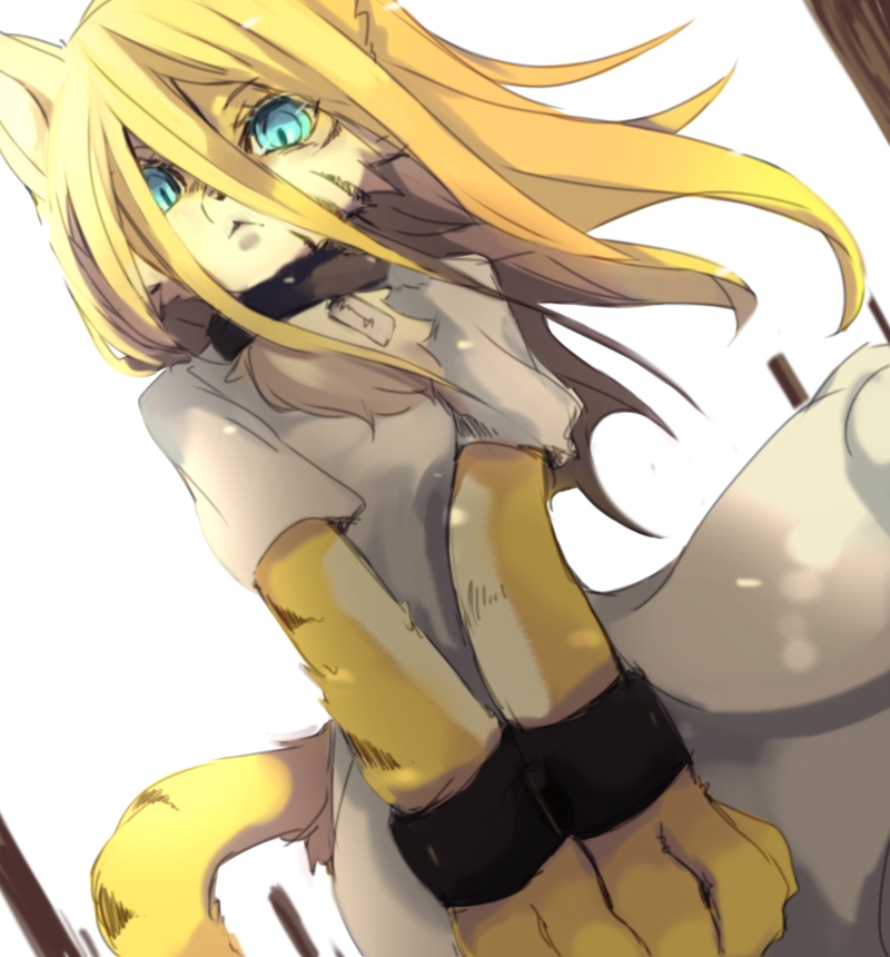 1girl, blonde_hair, blue_eyes, caged, cat, female, furry, inumimi-syndrome, long_hair, solo, white_background