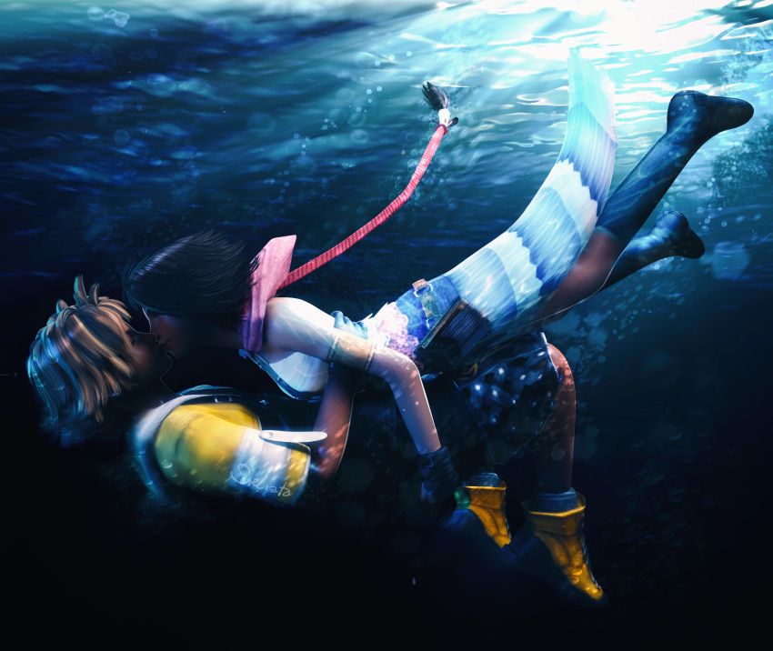 00s, 1boy, 1girl, blonde_hair, brown_hair, final_fantasy, final_fantasy_x, final_fantasy_x-2