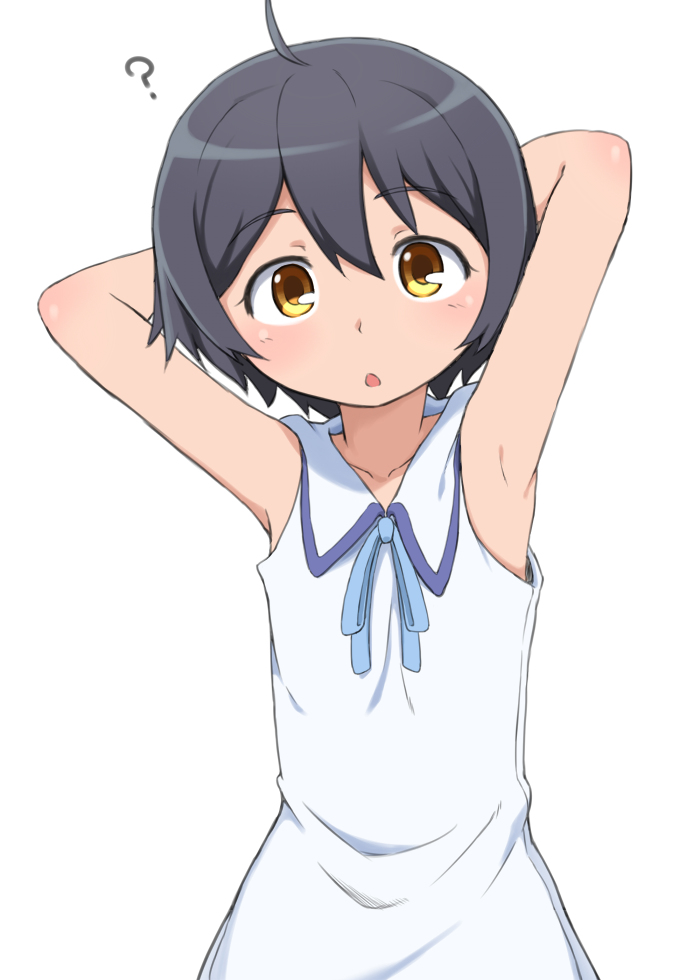 1boy, ?, ahoge, armpits, black_hair, brown_eyes, bubukka, dress