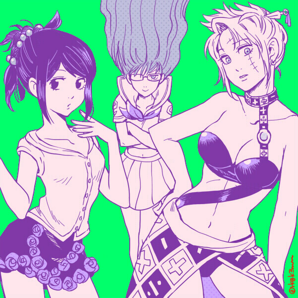 3girls, 3mm, breasts, cleavage, earrings, female, folded_ponytail, gintama, glasses, hirose_yasuho_(cosplay), jewelry, jojo_no_kimyou_na_bouken, long_hair, monochrome, multiple_girls, ponytail, sarutobi_ayame, scar, shimura_tae, smile, trish_una_(cosplay), tsukuyo_(gintama), yamagishi_yukako_(cosplay)