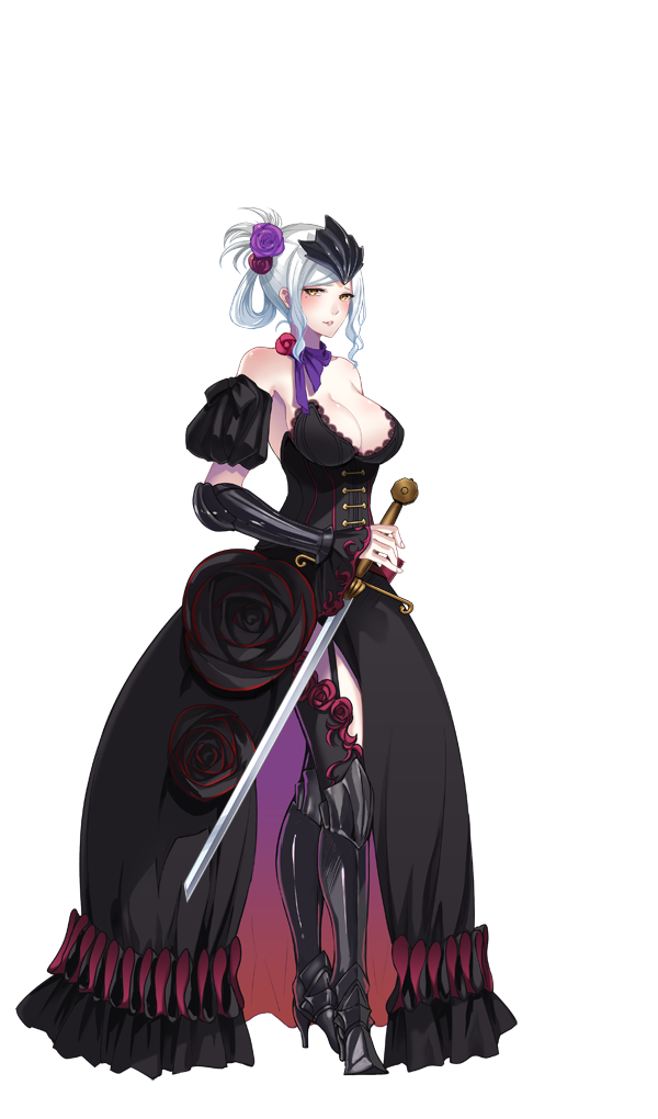 1girl, bare_shoulders, black_dress, blush, breasts, cleavage, dress, edwalda_the_black_princess