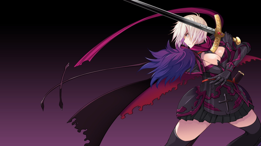1girl, armor, black_skirt, breasts, cape, cleavage, fighting_stance, game_cg